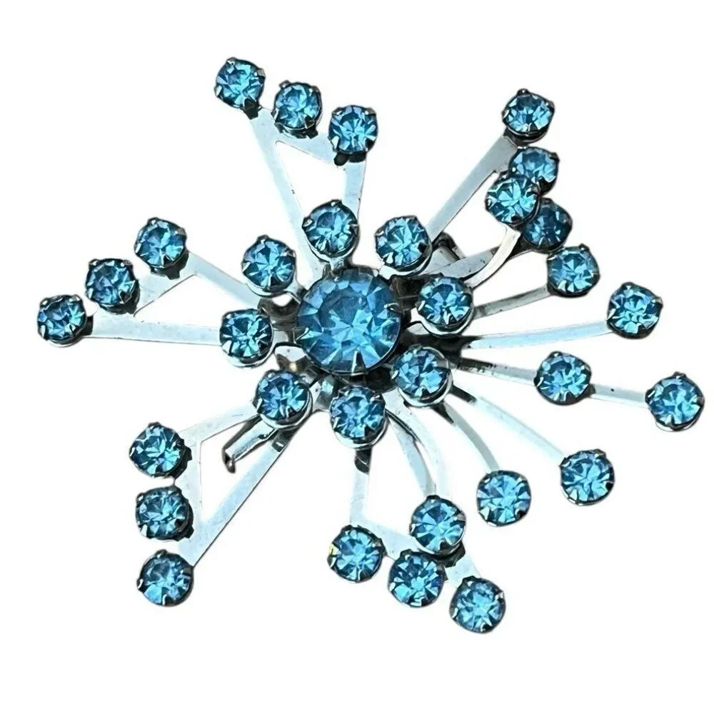 Camelot Silver Tone Blue Rhinestone Star Brooch and Clip On Earrings Box Set Vtg